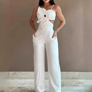 Women's White Three-dimensional Flower Design Sling One-piece Trousers Elite Boutique