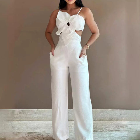 Women's White Three-dimensional Flower Design Sling One-piece Trousers Elite Boutique