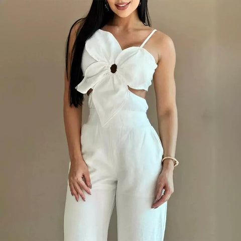 Women's White Three-dimensional Flower Design Sling One-piece Trousers Elite Boutique