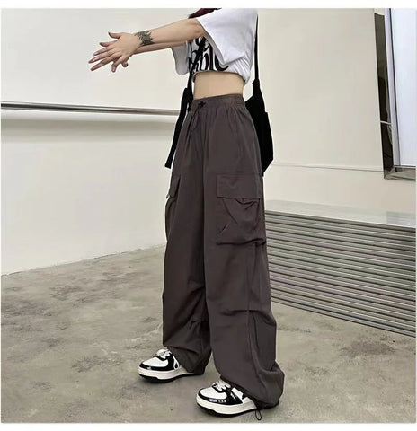 2024 Women Casual Joggers Tech Pants Solid Low Waist Pants Drawstring Wide Leg Baggy Trousers Y2k Streetwear Oversize Sweatpants Elite Boutique