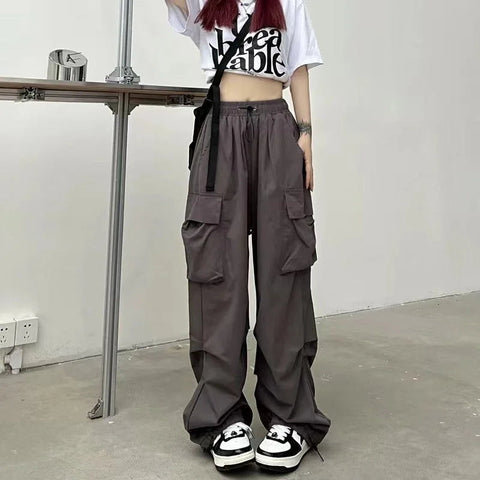 2024 Women Casual Joggers Tech Pants Solid Low Waist Pants Drawstring Wide Leg Baggy Trousers Y2k Streetwear Oversize Sweatpants Elite Boutique