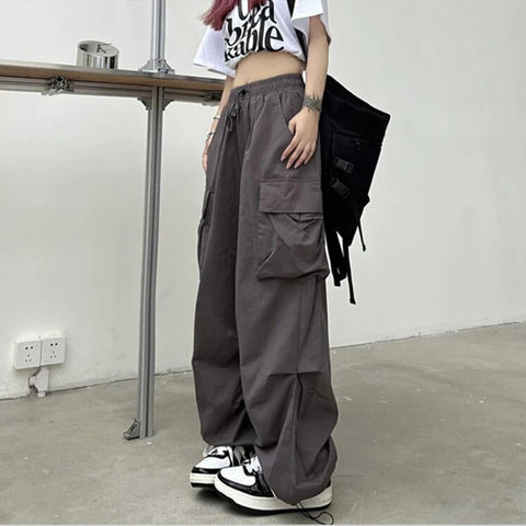 2024 Women Casual Joggers Tech Pants Solid Low Waist Pants Drawstring Wide Leg Baggy Trousers Y2k Streetwear Oversize Sweatpants Elite Boutique