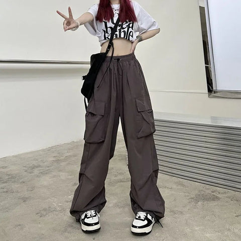 2024 Women Casual Joggers Tech Pants Solid Low Waist Pants Drawstring Wide Leg Baggy Trousers Y2k Streetwear Oversize Sweatpants Elite Boutique