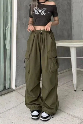 2024 Women Casual Joggers Tech Pants Solid Low Waist Pants Drawstring Wide Leg Baggy Trousers Y2k Streetwear Oversize Sweatpants Elite Boutique