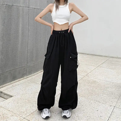 2024 Women Casual Joggers Tech Pants Solid Low Waist Pants Drawstring Wide Leg Baggy Trousers Y2k Streetwear Oversize Sweatpants Elite Boutique