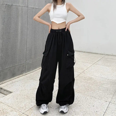 2024 Women Casual Joggers Tech Pants Solid Low Waist Pants Drawstring Wide Leg Baggy Trousers Y2k Streetwear Oversize Sweatpants Elite Boutique