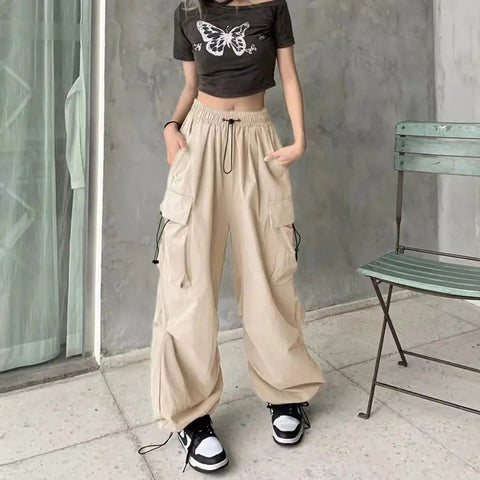 2024 Women Casual Joggers Tech Pants Solid Low Waist Pants Drawstring Wide Leg Baggy Trousers Y2k Streetwear Oversize Sweatpants Elite Boutique