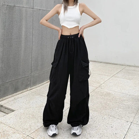 2024 Women Casual Joggers Tech Pants Solid Low Waist Pants Drawstring Wide Leg Baggy Trousers Y2k Streetwear Oversize Sweatpants Elite Boutique