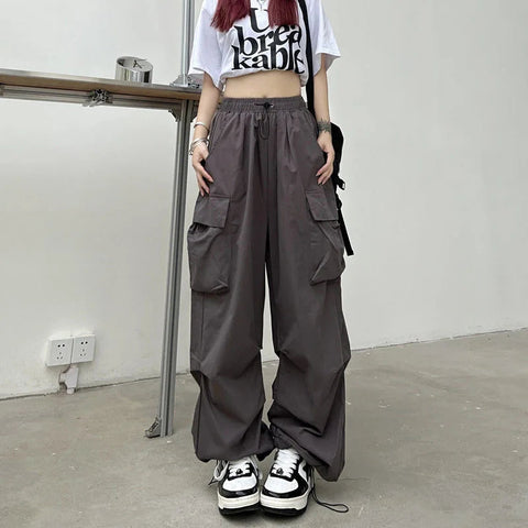 2024 Women Casual Joggers Tech Pants Solid Low Waist Pants Drawstring Wide Leg Baggy Trousers Y2k Streetwear Oversize Sweatpants Elite Boutique