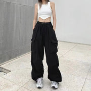 2024 Women Casual Joggers Tech Pants Solid Low Waist Pants Drawstring Wide Leg Baggy Trousers Y2k Streetwear Oversize Sweatpants Elite Boutique