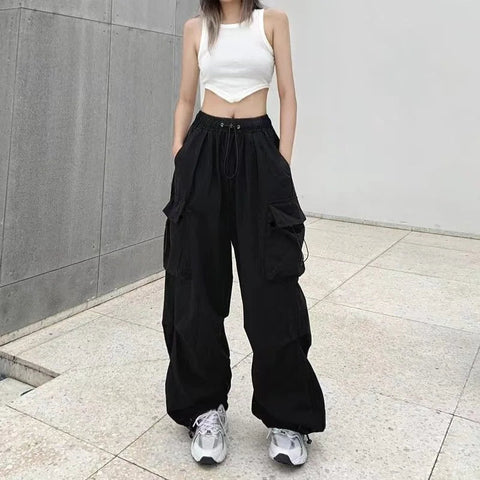 2024 Women Casual Joggers Tech Pants Solid Low Waist Pants Drawstring Wide Leg Baggy Trousers Y2k Streetwear Oversize Sweatpants Elite Boutique