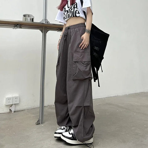 2024 Women Casual Joggers Tech Pants Solid Low Waist Pants Drawstring Wide Leg Baggy Trousers Y2k Streetwear Oversize Sweatpants Elite Boutique