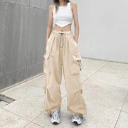 2024 Women Casual Joggers Tech Pants Solid Low Waist Pants Drawstring Wide Leg Baggy Trousers Y2k Streetwear Oversize Sweatpants Elite Boutique