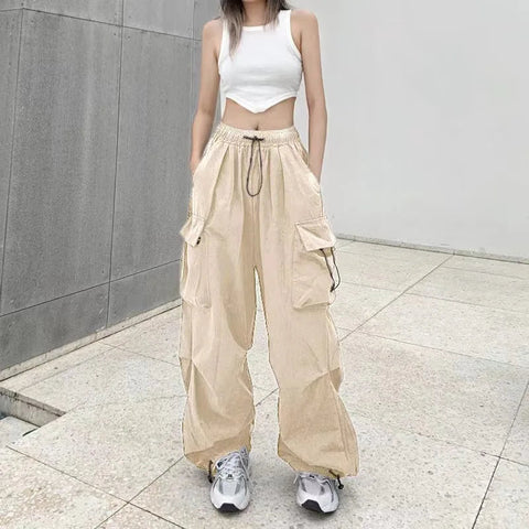 2024 Women Casual Joggers Tech Pants Solid Low Waist Pants Drawstring Wide Leg Baggy Trousers Y2k Streetwear Oversize Sweatpants Elite Boutique