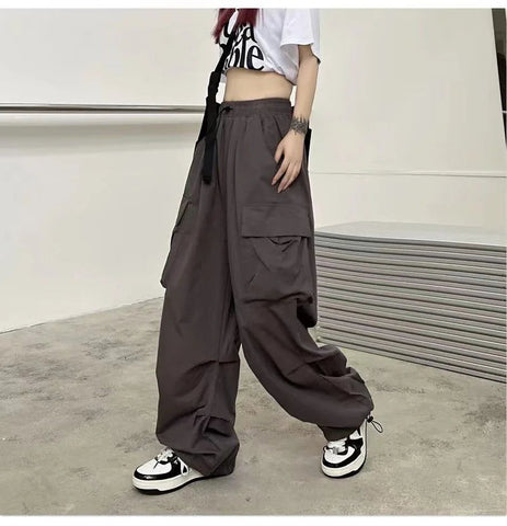 2024 Women Casual Joggers Tech Pants Solid Low Waist Pants Drawstring Wide Leg Baggy Trousers Y2k Streetwear Oversize Sweatpants Elite Boutique