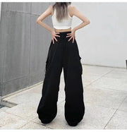2024 Women Casual Joggers Tech Pants Solid Low Waist Pants Drawstring Wide Leg Baggy Trousers Y2k Streetwear Oversize Sweatpants Elite Boutique