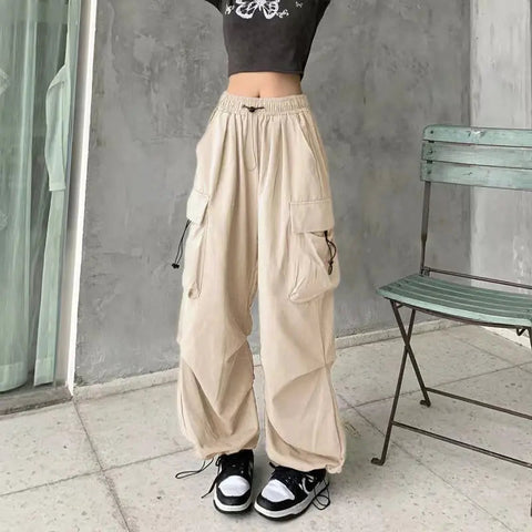 2024 Women Casual Joggers Tech Pants Solid Low Waist Pants Drawstring Wide Leg Baggy Trousers Y2k Streetwear Oversize Sweatpants Elite Boutique