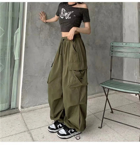 2024 Women Casual Joggers Tech Pants Solid Low Waist Pants Drawstring Wide Leg Baggy Trousers Y2k Streetwear Oversize Sweatpants Elite Boutique
