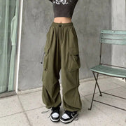 2024 Women Casual Joggers Tech Pants Solid Low Waist Pants Drawstring Wide Leg Baggy Trousers Y2k Streetwear Oversize Sweatpants Elite Boutique