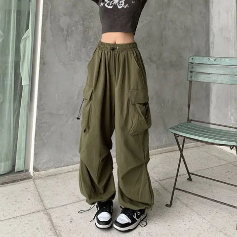 2024 Women Casual Joggers Tech Pants Solid Low Waist Pants Drawstring Wide Leg Baggy Trousers Y2k Streetwear Oversize Sweatpants Elite Boutique