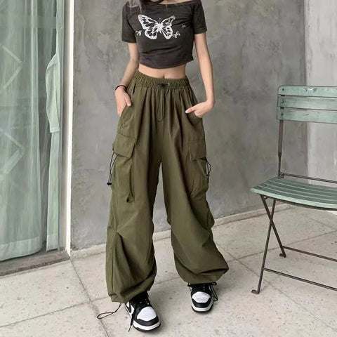 2024 Women Casual Joggers Tech Pants Solid Low Waist Pants Drawstring Wide Leg Baggy Trousers Y2k Streetwear Oversize Sweatpants Elite Boutique