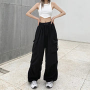 2024 Women Casual Joggers Tech Pants Solid Low Waist Pants Drawstring Wide Leg Baggy Trousers Y2k Streetwear Oversize Sweatpants Elite Boutique