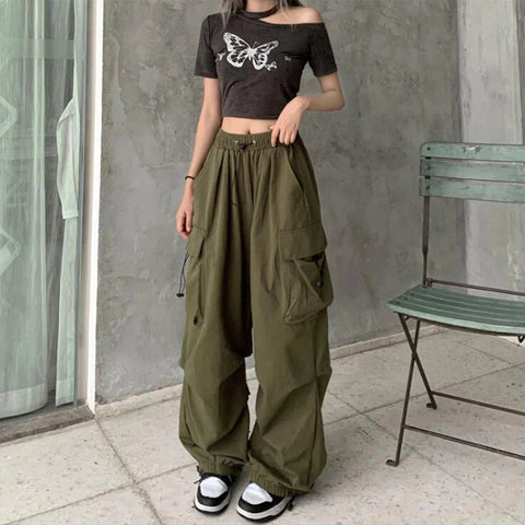2024 Women Casual Joggers Tech Pants Solid Low Waist Pants Drawstring Wide Leg Baggy Trousers Y2k Streetwear Oversize Sweatpants Elite Boutique