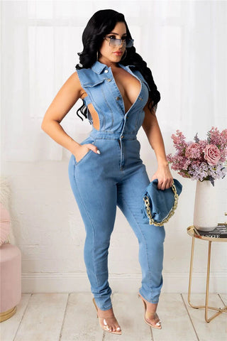 zomight 2023 New  Sexy Slim Sleeveless Light Blue Jeans Jumpsuit Denim Playsuit Women Elegance Woman Ladies Overalls Jump Suits Elite Boutique