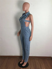 zomight 2023 New  Sexy Slim Sleeveless Light Blue Jeans Jumpsuit Denim Playsuit Women Elegance Woman Ladies Overalls Jump Suits Elite Boutique
