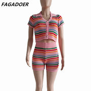 FAGADOER Summer Knitted Two Piece Sets Women Outfits Lapel Collar Buttons Crop Top + Shorts Y2k Sweethot Street Matching Sets Elite Boutique