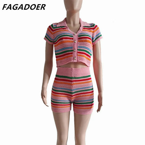 FAGADOER Summer Knitted Two Piece Sets Women Outfits Lapel Collar Buttons Crop Top + Shorts Y2k Sweethot Street Matching Sets Elite Boutique