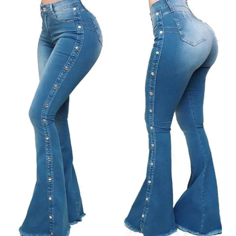 Women’s High Waisted Denim Flare Pants with Stretch. Elite Boutique