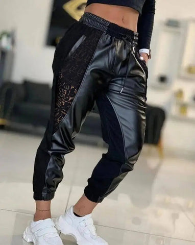 Women's Trousers Casual 2024 Summer Fashion Solid Color Contrast PU Lace Insert Pocket Drawstring High Waist Cuffed Pants Elite Boutique