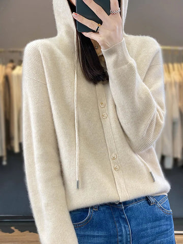 Hoodie Women's Merino Woolen Sweater Fashion Button Casual Loose Hoodie Knitted Sweater Elite Boutique