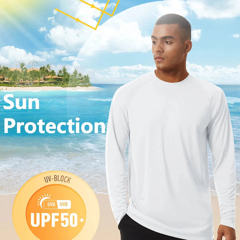 UPF50+ Men's Sunscreen UV Protection T-shirt Solid Color Long-sleeved Round Neck Outdoor Hiking Fishing Quick-drying Tops Elite Boutique