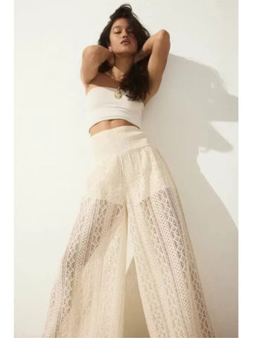 TRAF Women Lace Trousers Embroidery Hollow Out Simple Women's Pants Elastic Waist Loose Pants Female Wide Leg Pants Elite Boutique