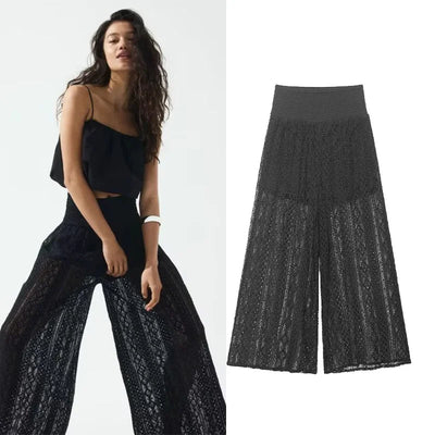 TRAF Women Lace Trousers Embroidery Hollow Out Simple Women's Pants Elastic Waist Loose Pants Female Wide Leg Pants Elite Boutique