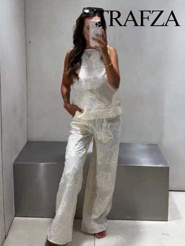 TRAFZA 2025 Women Trouser Suit Casual Embroidered Round Neck Sleeveless Slim Top+Elastic Waist Drawstring Loose Long Pants Elite Boutique