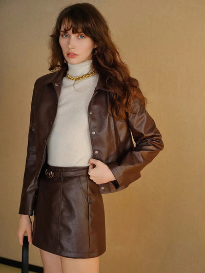 Women's Jackets Elegant Coffee Brown PU Leather Button Front 25 Spring Summer Slim Fit Office Essentials Urban Commute Night Out Elite Boutique