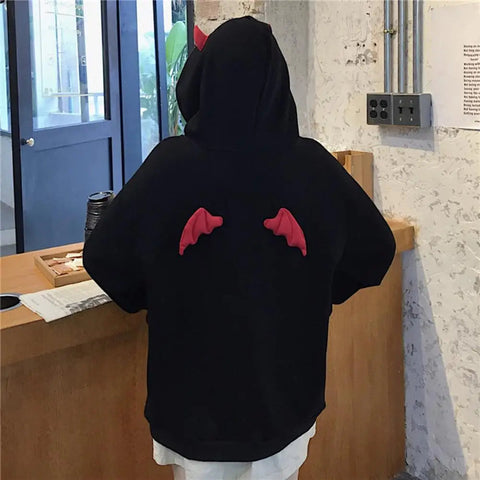 Hoodie Coat Men Warm Coat Women's Gothic Hooded Sweatshirt with Little Devil Horns Demon Fly Wings Loose Fit Pullover for Girls Elite Boutique