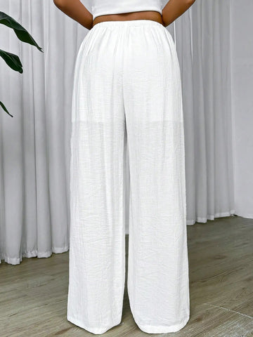 Women's Trousers High Waisted Loose Casual Solid White 25 Spring Summer Drawstring Waist Wide Leg Pants for Resort Vacations Elite Boutique