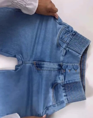 Sexy Elegant New Fashion 2024 Casual Female Trouser Bottom Back Shirred Button Front High Waist Jeans Elite Boutique