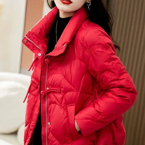 Women's Jacket Quilted Padded Short Duck Down Red Thick Padding Cropped White Female Coats Fashion 2024 Modern New in & Harajuku Elite Boutique