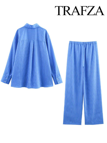 TRAFZA Women Striped Trouser Suit Turn-down Collar Long Sleeve Single-breasted Slim Shirt+High Waist Drawstring Loose Long Pants Elite Boutique