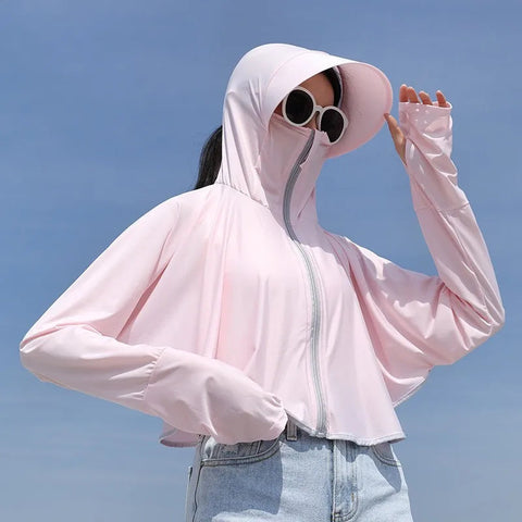 UPF 50+ Women Sunscreen Hoodie Solid Color Thin Ice Silk Summer UV Protection Long-sleeved Jacket Breathable Shirt Clothing Elite Boutique