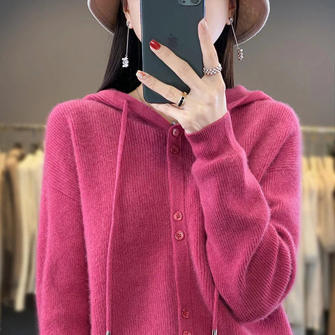 Hoodie Women's Merino Woolen Sweater Fashion Button Casual Loose Hoodie Knitted Sweater Elite Boutique
