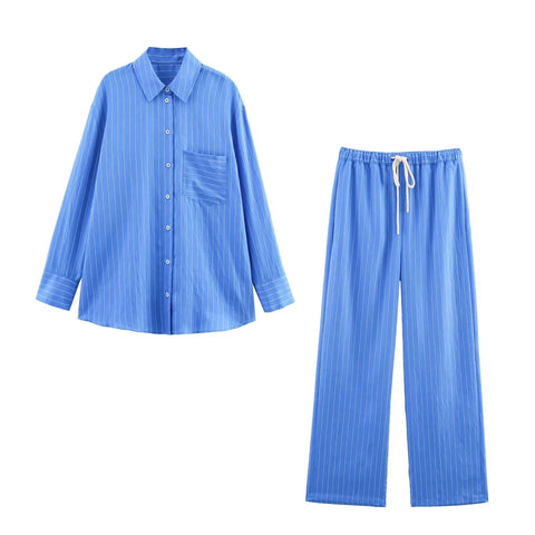 TRAFZA Women Striped Trouser Suit Turn-down Collar Long Sleeve Single-breasted Slim Shirt+High Waist Drawstring Loose Long Pants Elite Boutique