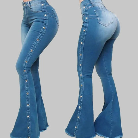 Women’s High Waisted Denim Flare Pants with Stretch. Elite Boutique