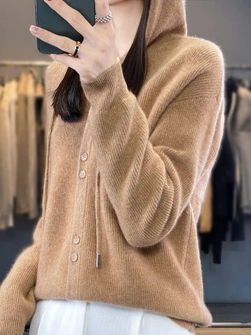Hoodie Women's Merino Woolen Sweater Fashion Button Casual Loose Hoodie Knitted Sweater Elite Boutique
