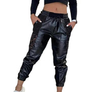 Women's Trousers Casual 2025 Spring Fashion Contrast Pu Lace Insert Drawstring High Waist Patchwork Cuffed Pencil Pants Elite Boutique
